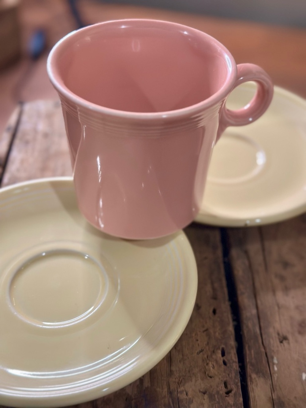 3 Pieces Fiesta Ware Light Yellow Saucers, Pink Cup HLC USA Homer Laughlin